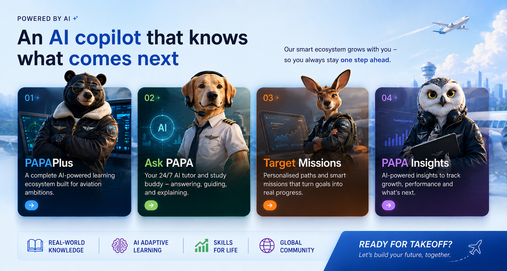 Learning PAPA AI copilot ecosystem featuring PAPA Plus, Ask PAPA, Target Missions and PAPA Insights