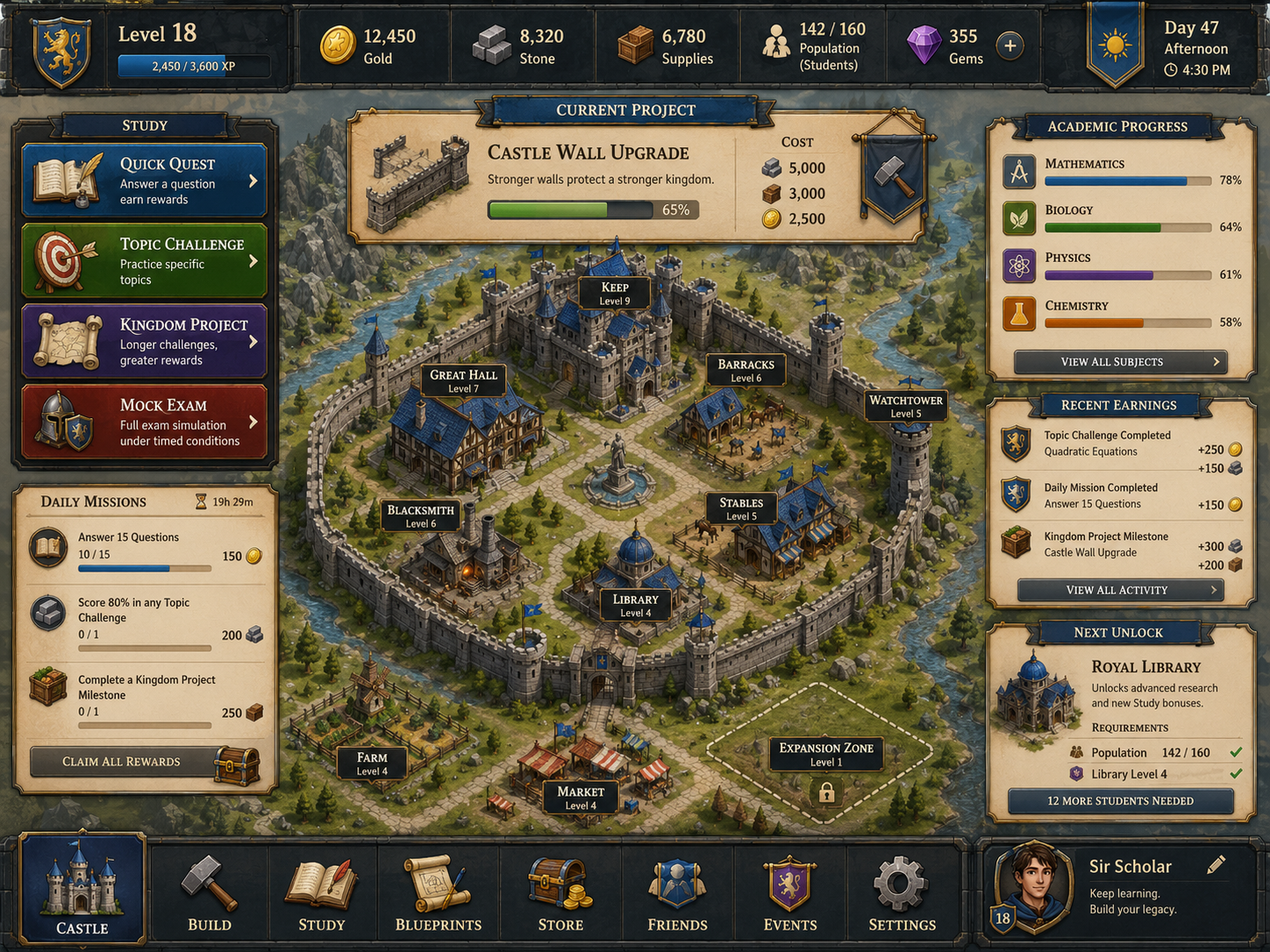 Castle World learning game interface